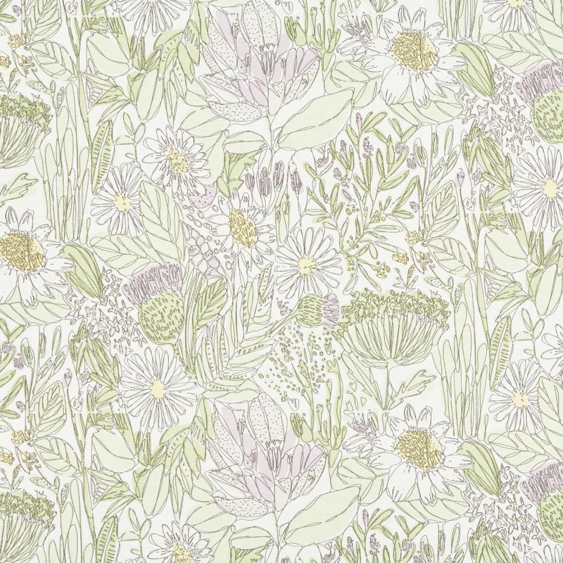 Floral wallpaper with delicate hand-drawn daisies, leaves and seedheads; repeats across the surface, rendered in pale green, soft yellow and muted lavender linework on an off-white background.