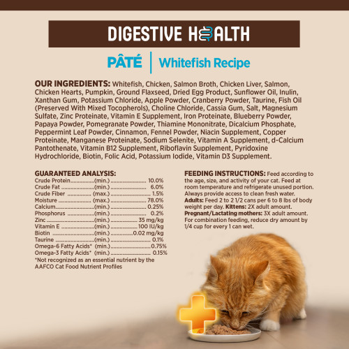 <p>Whitefish, Chicken, Salmon Broth, Chicken Liver, Salmon, Chicken Hearts, Pumpkin, Ground Flaxseed, Dried Egg Product, Sunflower Oil, Inulin, Xanthan Gum, Potassium Chloride, Apple Powder, Cranberry Powder, Taurine, Fish Oil (Preserved With Mixed Tocopherols), Choline Chloride, Cassia Gum, Salt, Magnesium Sulfate, Zinc Proteinate, Vitamin E Supplement, Iron Proteinate, Blueberry Powder, Papaya Powder, Pomegranate Powder, Thiamine Mononitrate, Dicalcium Phosphate, Peppermint Leaf Powder, Cinnamon, Fennel Powder, Niacin Supplement, Copper Proteinate, Manganese Proteinate, Sodium Selenite, Vitamin A Supplement, d-Calcium Pantothenate, Vitamin B12 Supplement, Riboflavin Supplement, Pyridoxine Hydrochloride, Biotin, Folic Acid, Potassium Iodide, Vitamin D3 Supplement.</p>
