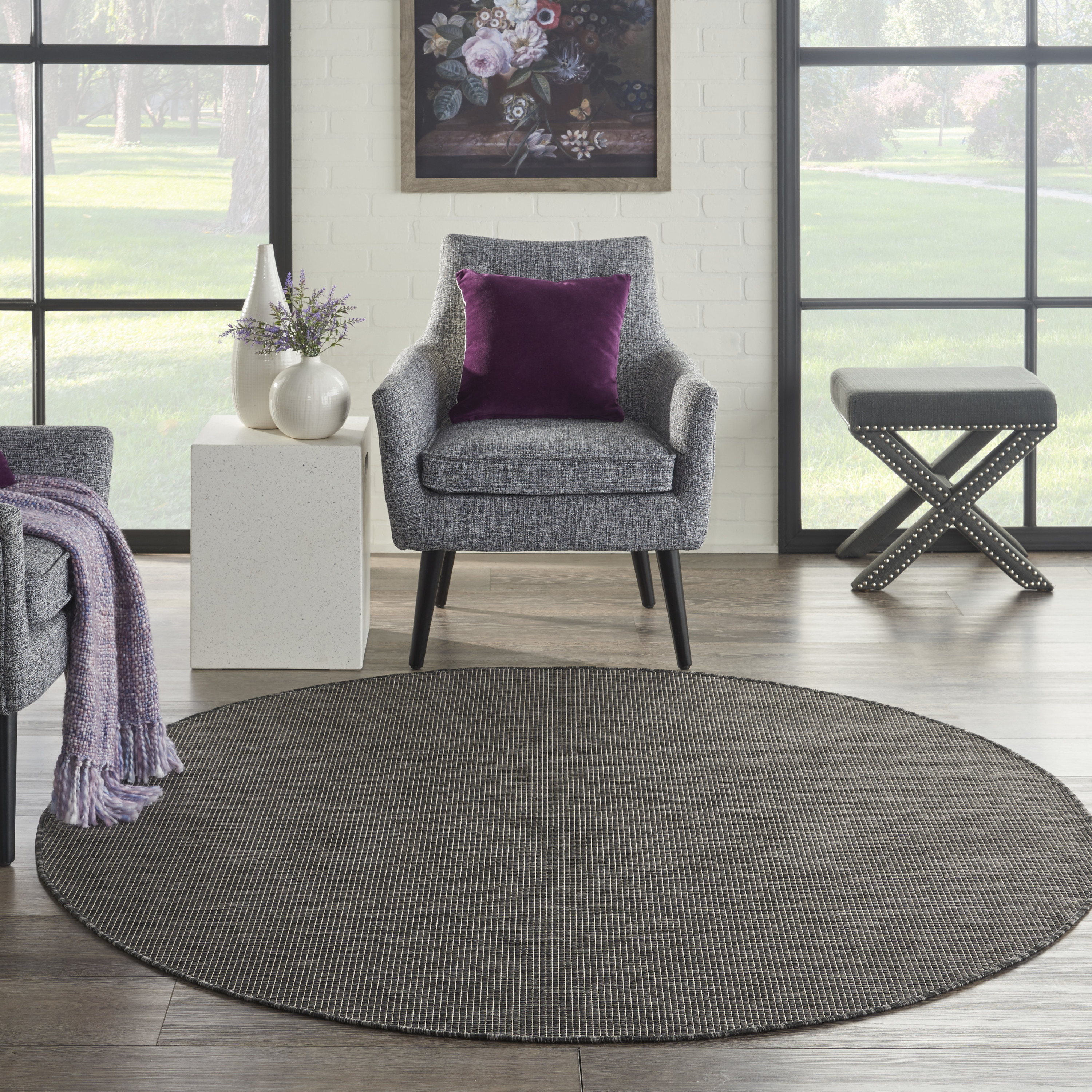 Nourison Positano 6' x Round Charcoal Modern Rug