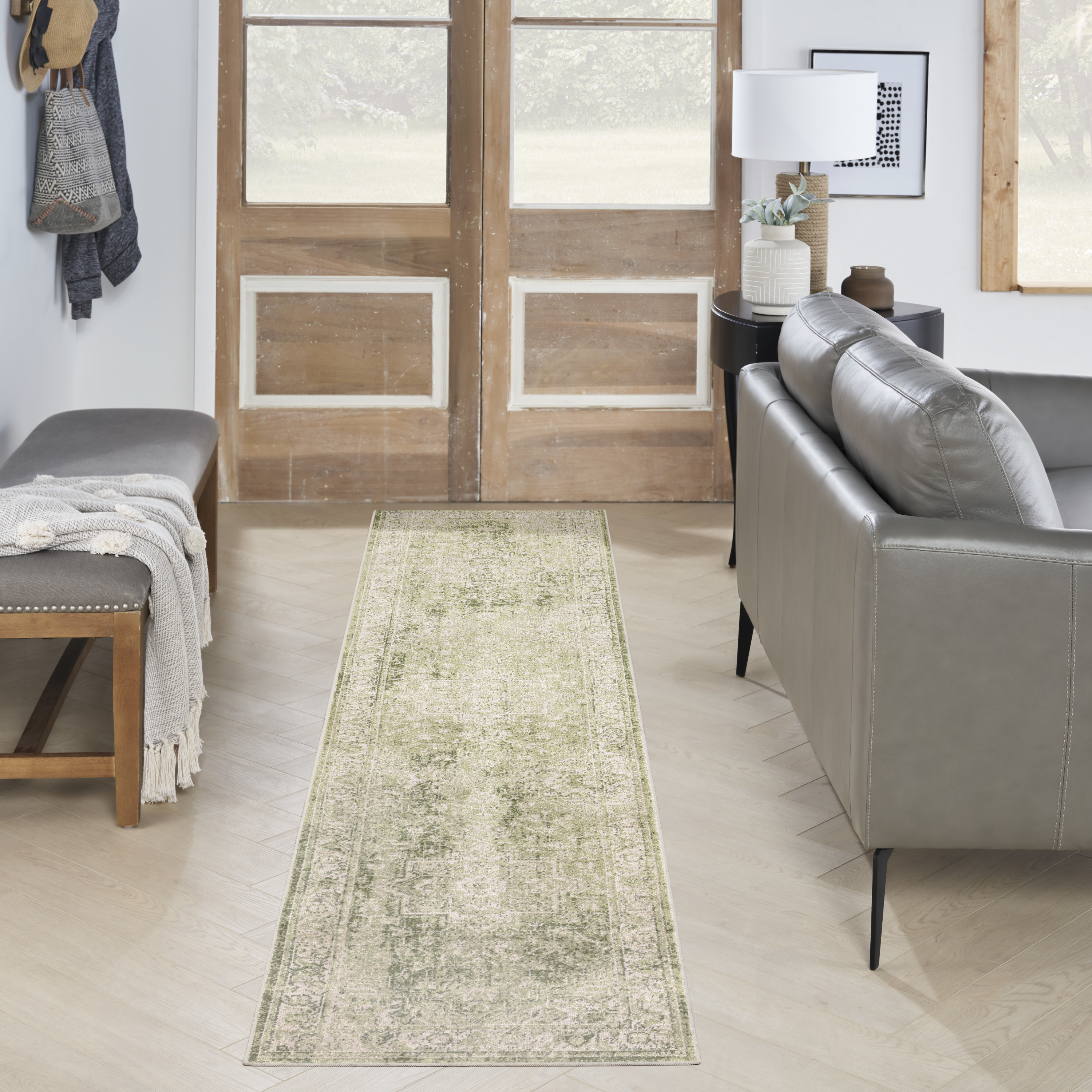 Nourison Astra Machine Washable 2'2" x 8' Ivory Green Vintage Indoor Rug