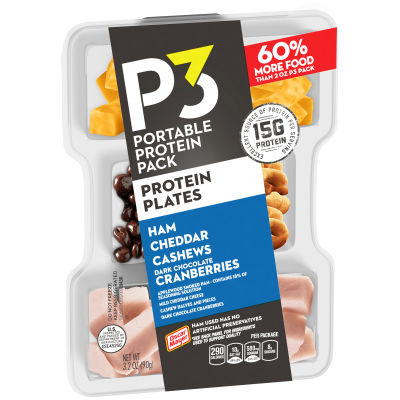 P3 Portable Protein Plate w/ Ham, Cashews, Cheddar Cheese & Dark Chocolate Cranberries, 3.2 oz Tray