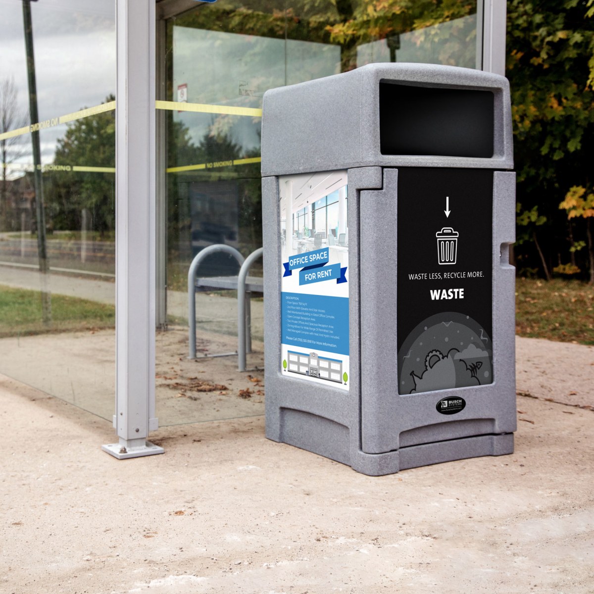 double stream waste and mixed recyclables container with big body signs and locking door inside a skating rink