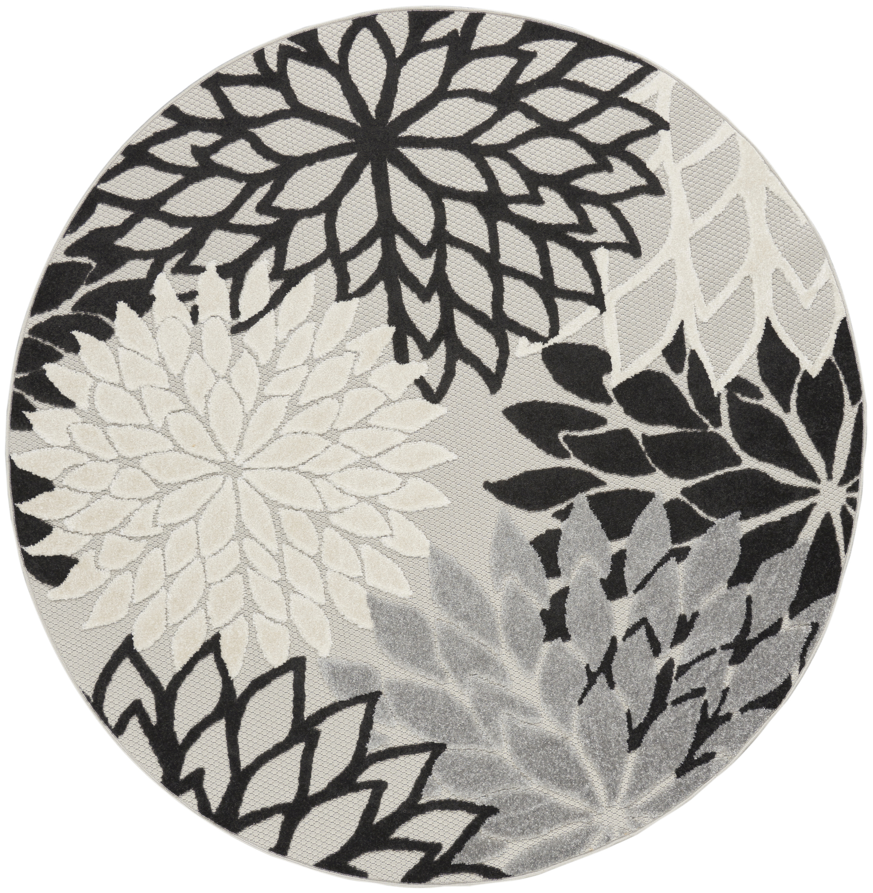Nourison Aloha 4' x Round Black White Tropical Rug