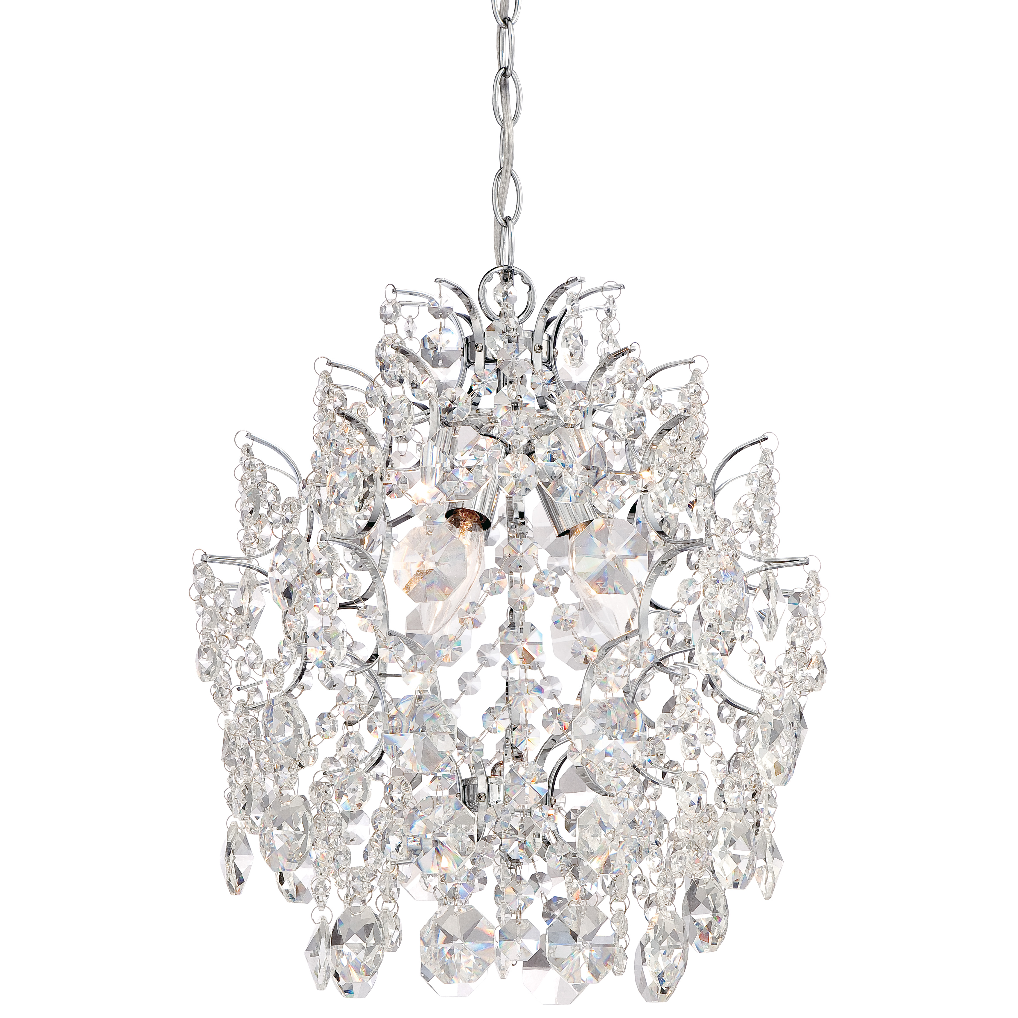 The Isabella's Crown mini chandelier combines sparkling crystal accents with a polished chrome finish for a refined transitional look. At 14 inches wide, it's perfectly scaled for smaller spaces while delivering sophisticated style. - alternate view