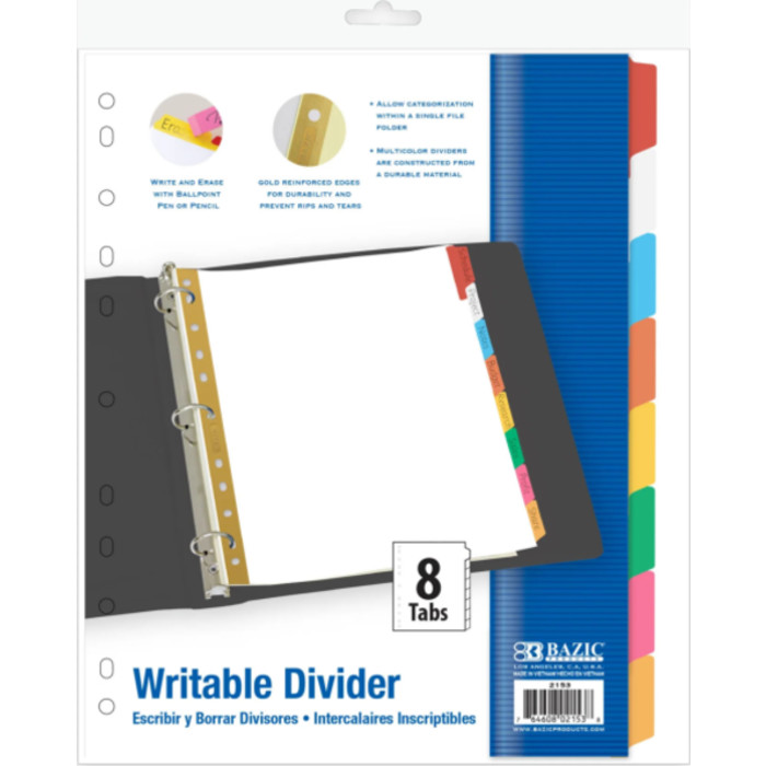Paper Dividers with Writable Color Tabs, 8-Tab Set, White