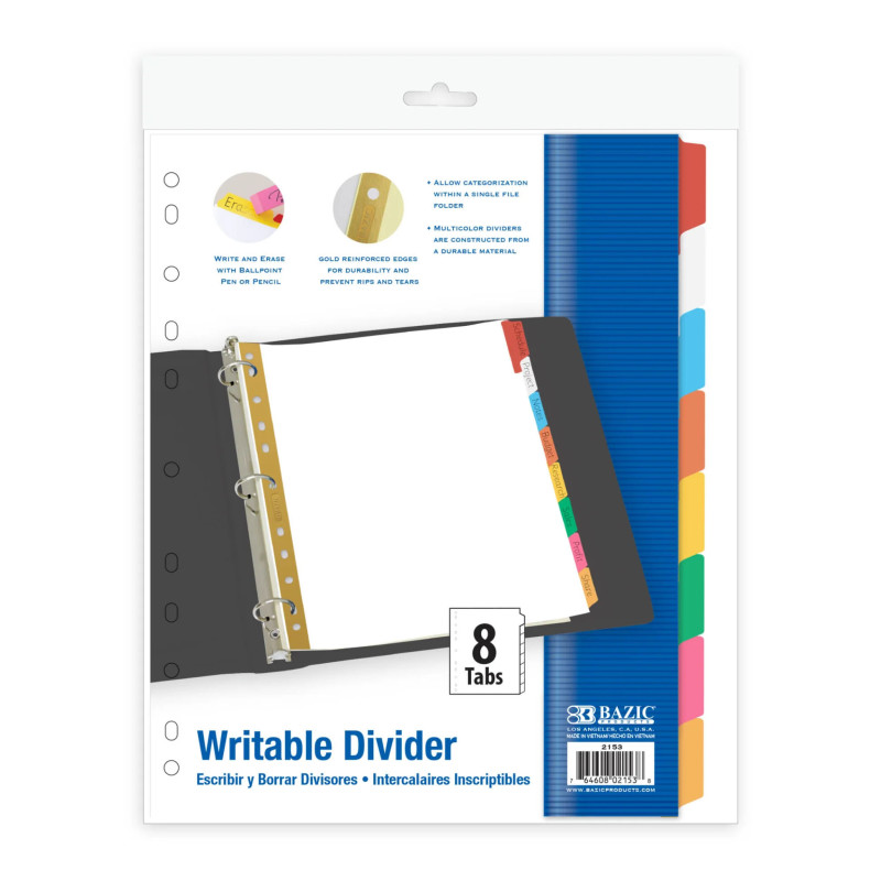 Paper Dividers with Writable Color Tabs, 8-Tab Set, White