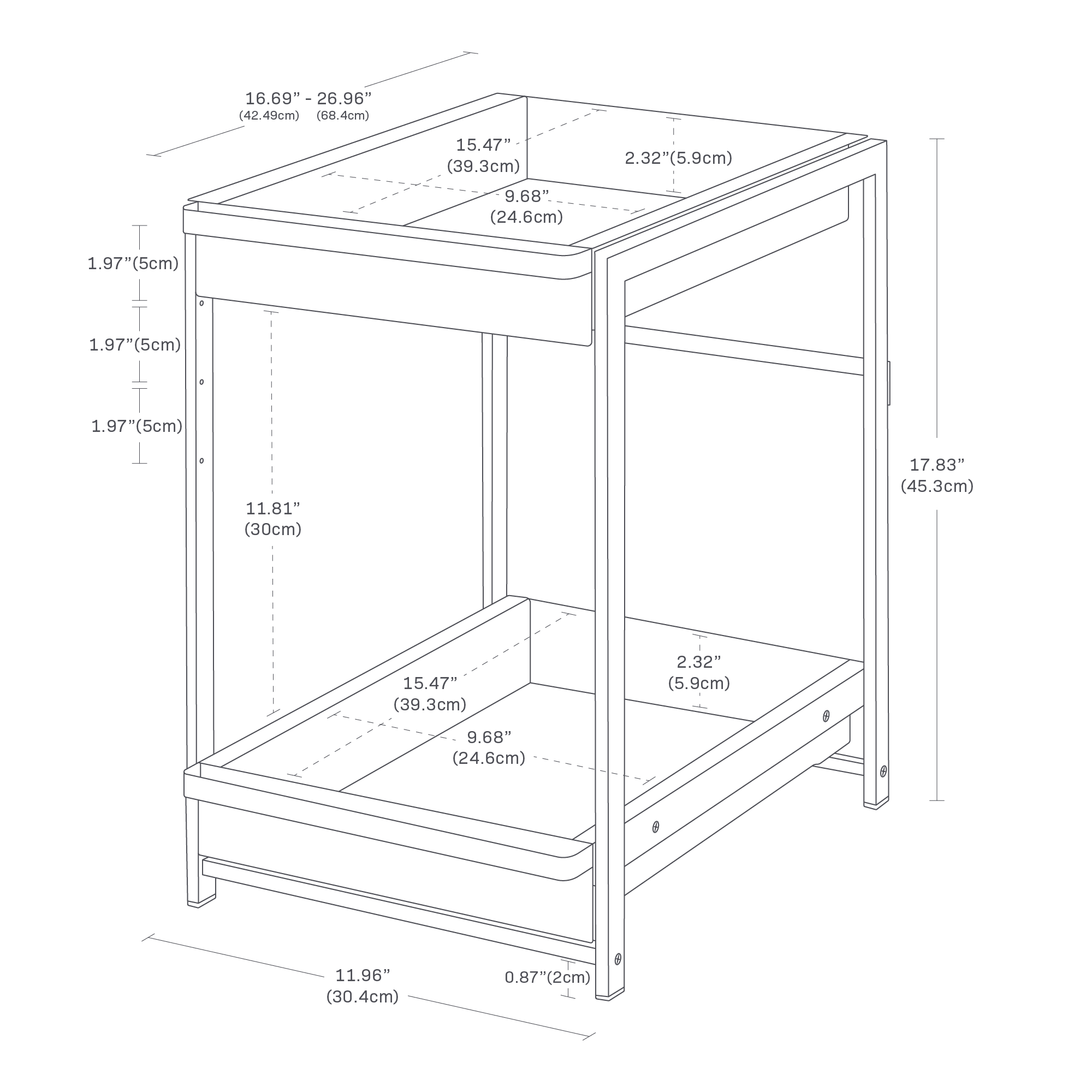 The image shows an under-sink rack with a pull-out shelf. Dimensions: height is 17.83", width is adjustable from 16.69" to 26.96", and depth is 11.96". The upper and lower shelves are 15.47" wide and 9.68" deep, with a 2.32" raised edge. The gap between shelves is 11.81". Leg thickness is 0.87".