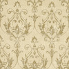 Beige damask wallpaper covering a wall, repeating ornate scrolling floral motifs in distressed gold; pattern appears flat in a close-up view, warm neutral tones suggesting a traditional interior.