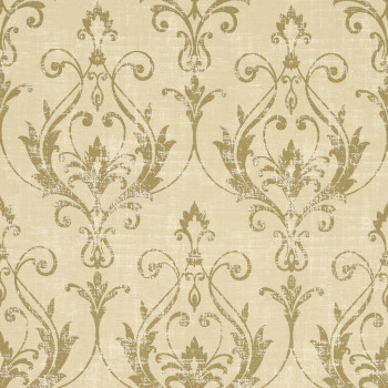 Beige damask wallpaper covering a wall, repeating ornate scrolling floral motifs in distressed gold; pattern appears flat in a close-up view, warm neutral tones suggesting a traditional interior.
