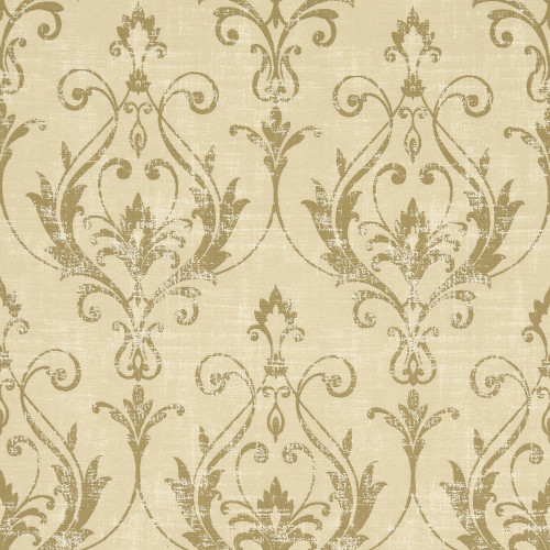 Beige damask wallpaper covering a wall, repeating ornate scrolling floral motifs in distressed gold; pattern appears flat in a close-up view, warm neutral tones suggesting a traditional interior.