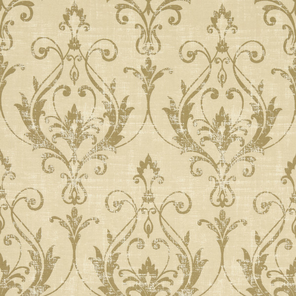 Beige damask wallpaper covering a wall, repeating ornate scrolling floral motifs in distressed gold; pattern appears flat in a close-up view, warm neutral tones suggesting a traditional interior.