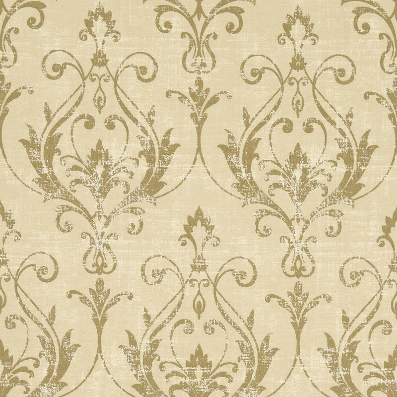 Beige damask wallpaper covering a wall, repeating ornate scrolling floral motifs in distressed gold; pattern appears flat in a close-up view, warm neutral tones suggesting a traditional interior.