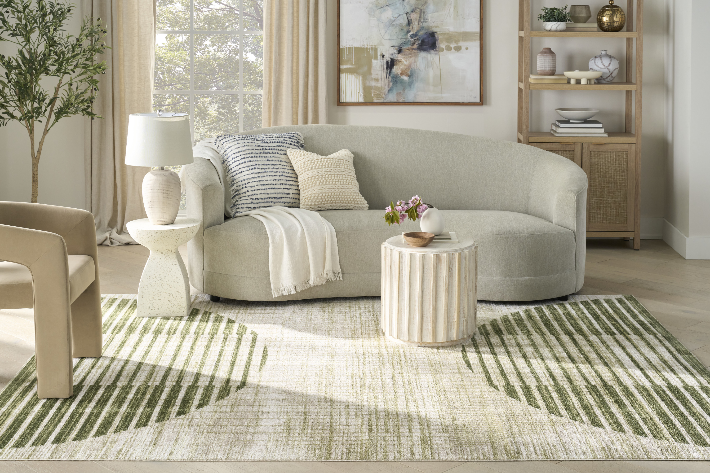 Nourison Astra Machine Washable 6'7" x 9' Ivory Olive Mid-Century Modern Indoor Rug