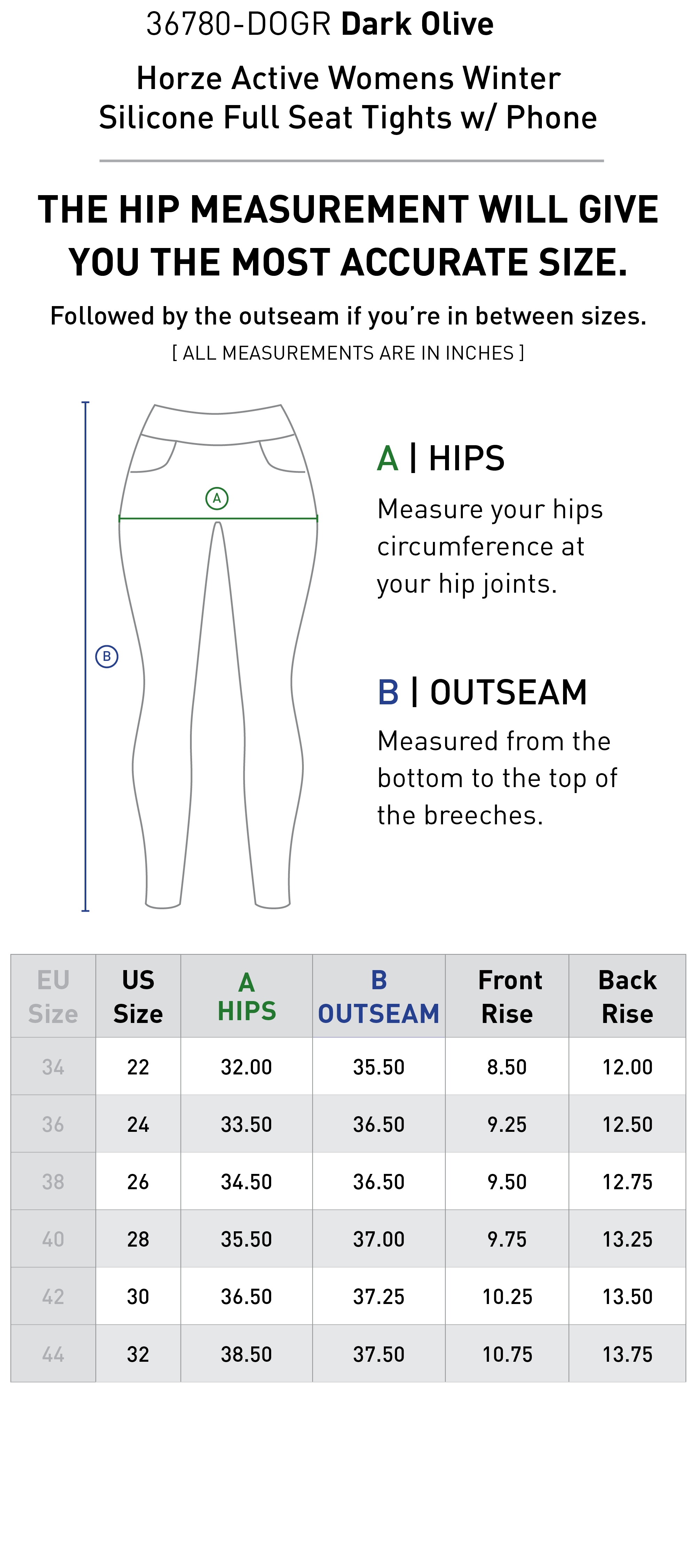 Size chart for Horze Active Womens Winter Silicone Full Seat Tights w/ Phone Pockets - Dark Olive