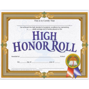 High Honor Roll Certificate, 8.5" x 11", Pack of 30