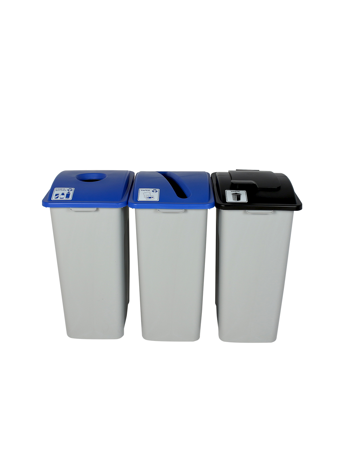 WASTE WATCHER – Triple – Kit – Xl – Cans & Bottles-Paper-Waste – Circle-Slot-Solid Lift – Grey-Blue-Blue-Black