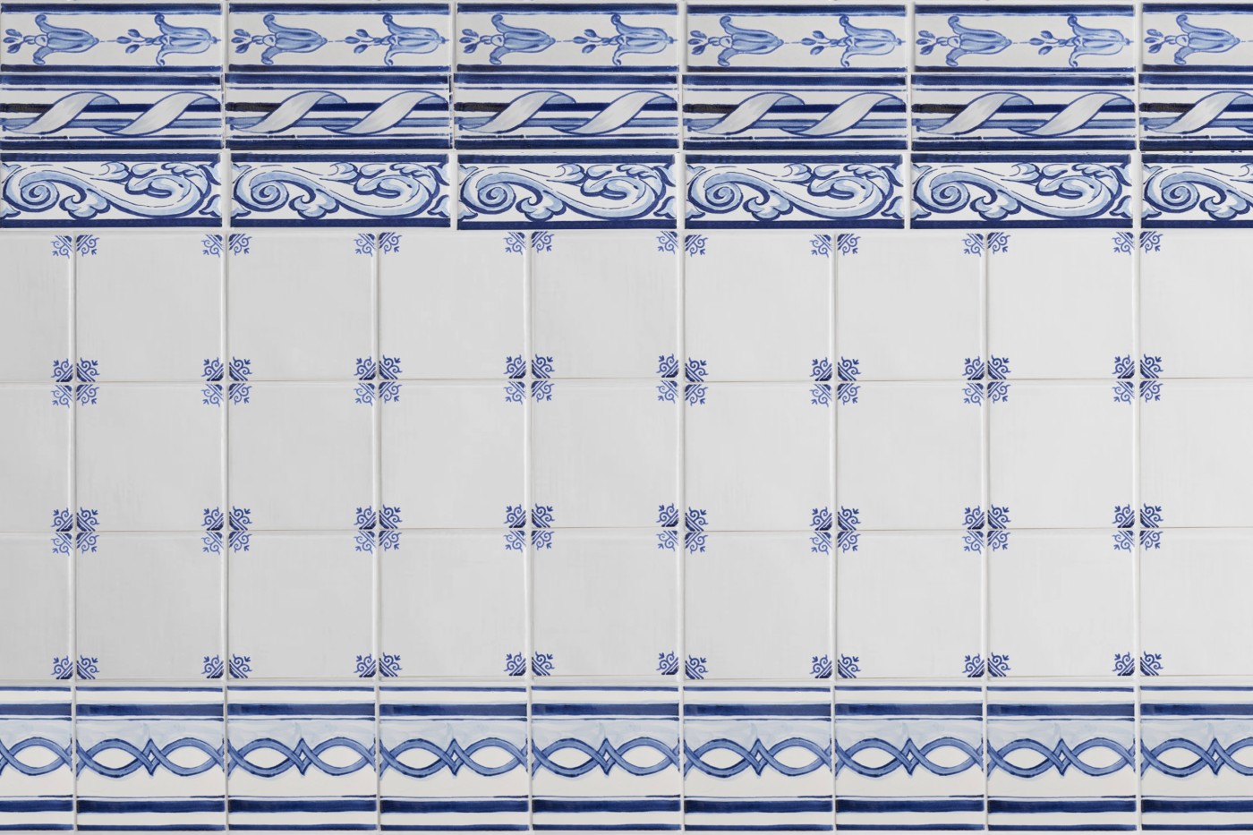 blue and white tiles arranged in a decorative design.