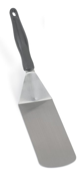 Heavy-duty stainless steel hamburger turner with flexible blade and nylon Ergo Grip™ handle in black