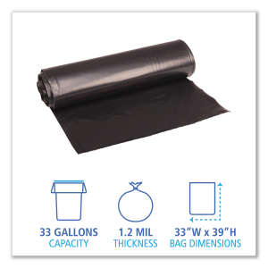 Boardwalk,  LLDPE Liner, 33 gal Capacity, 33 in Wide, 39 in High, 1.2 Mils Thick, Black