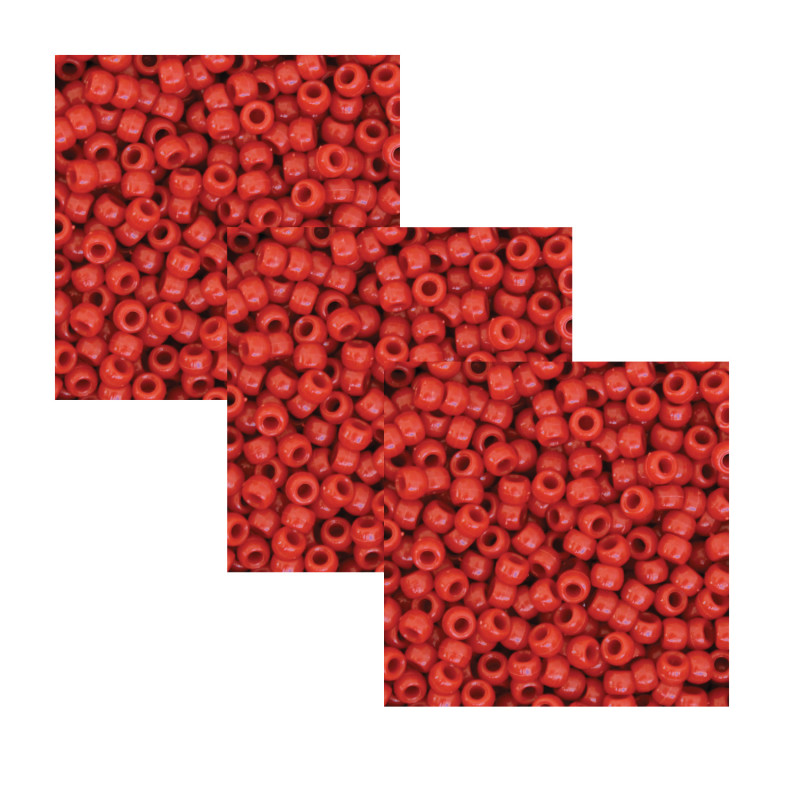 Pony Beads, Red, 6 mm x 9 mm, 1000 Per Pack, 3 Packs