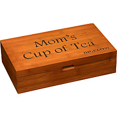 Engraved Wooden Tea Chest with Flavored and Herb Tea - total of 64 teabags