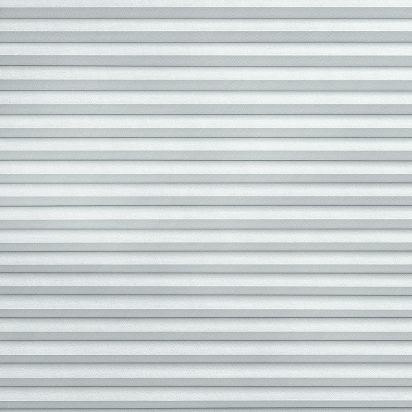 Horizontal light-gray pleated blinds covering the entire window, narrow even folds with subtle fabric texture; closed, filtering soft diffused light into a neutral interior space with no visible view.
