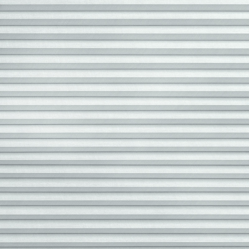 Horizontal light-gray pleated blinds covering the entire window, narrow even folds with subtle fabric texture; closed, filtering soft diffused light into a neutral interior space with no visible view.