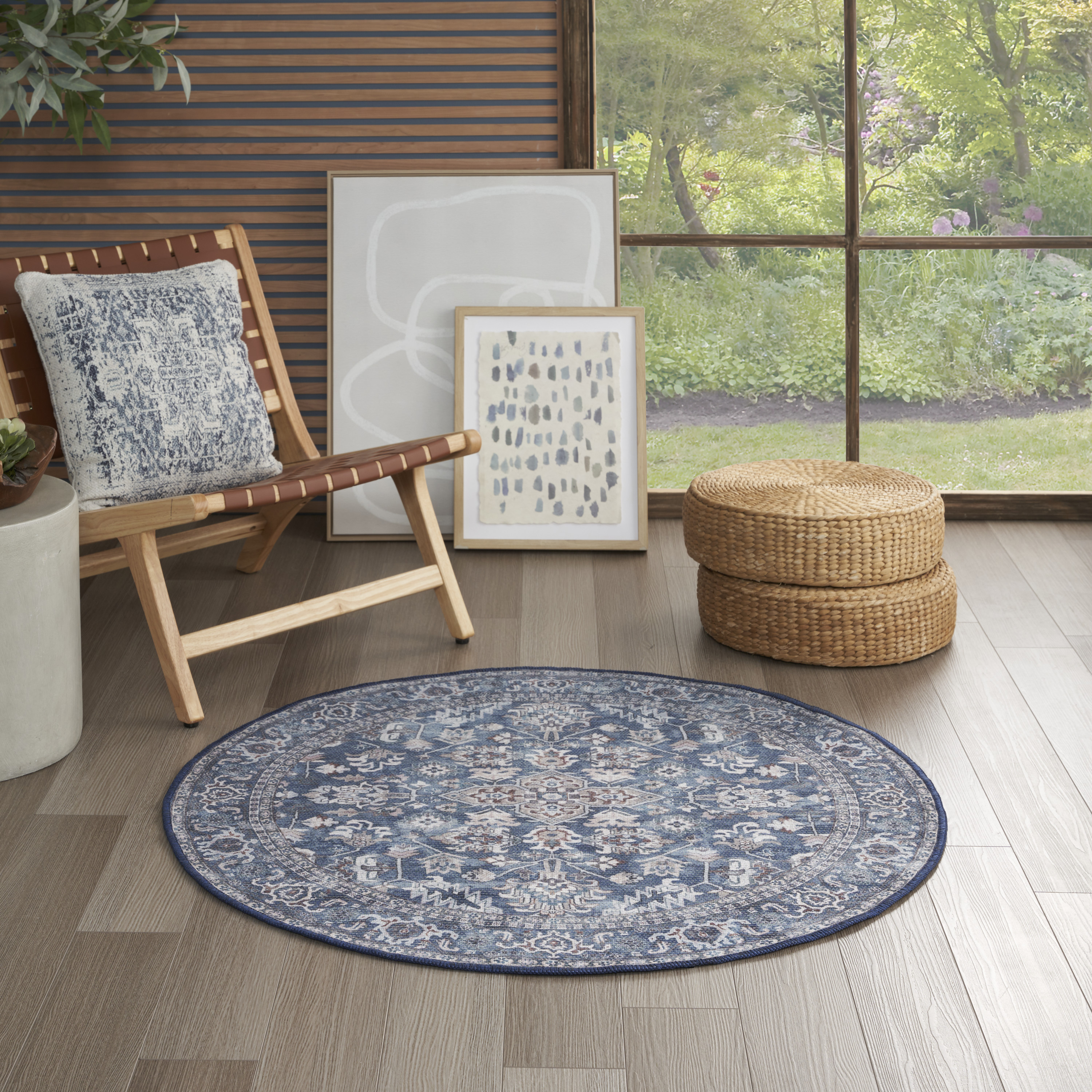 Nourison New Concept Washables 4' x Round Navy Ivory Vintage Indoor Rug
