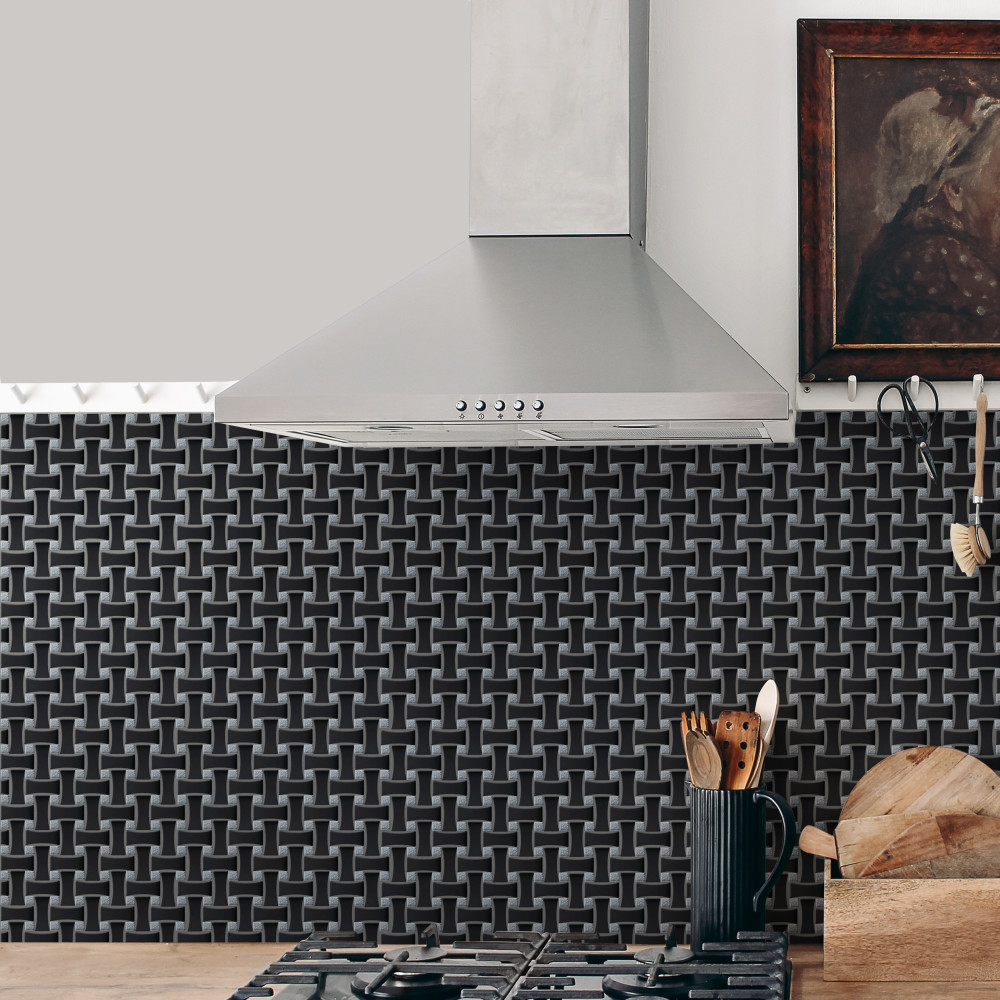 Metro Dog Bone Basketweave Matte Black w/Glass Silver Dot 10 in. x 10 in. Porcelain Mosaic Tile