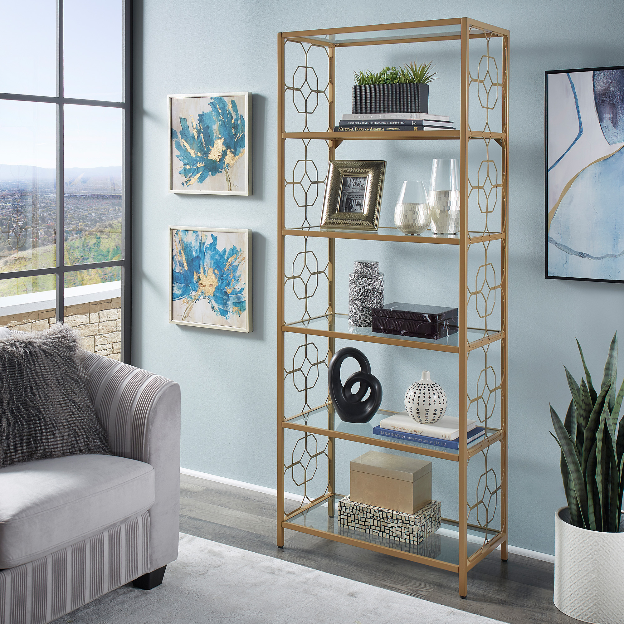 Octagon Pattern Gold Metal and Glass Bookcase