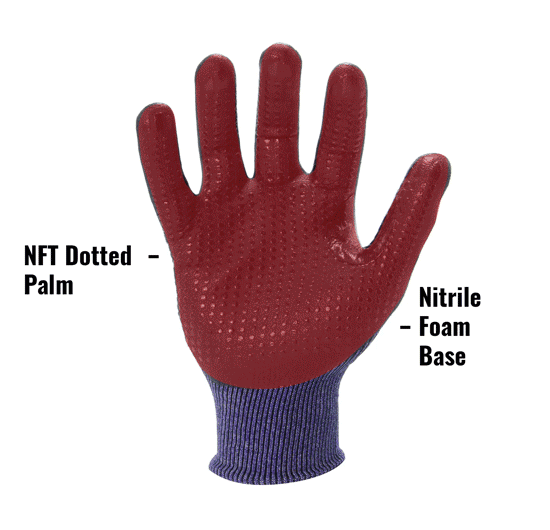 AX360 Seamless Nitrile-dipped Cut Resistant Dotted Grip Gloves in Black and Blues (EN Level 3) AXDGC3-03 showing Nitrile Foam Palm and Breathable Fabric