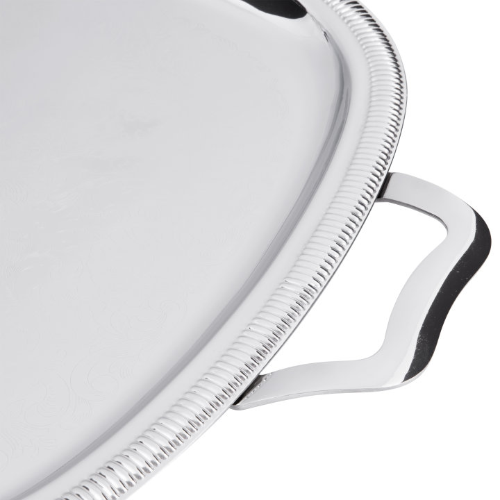 23 ½-inch Elegant Reflections oblong stainless steel serving tray with handles