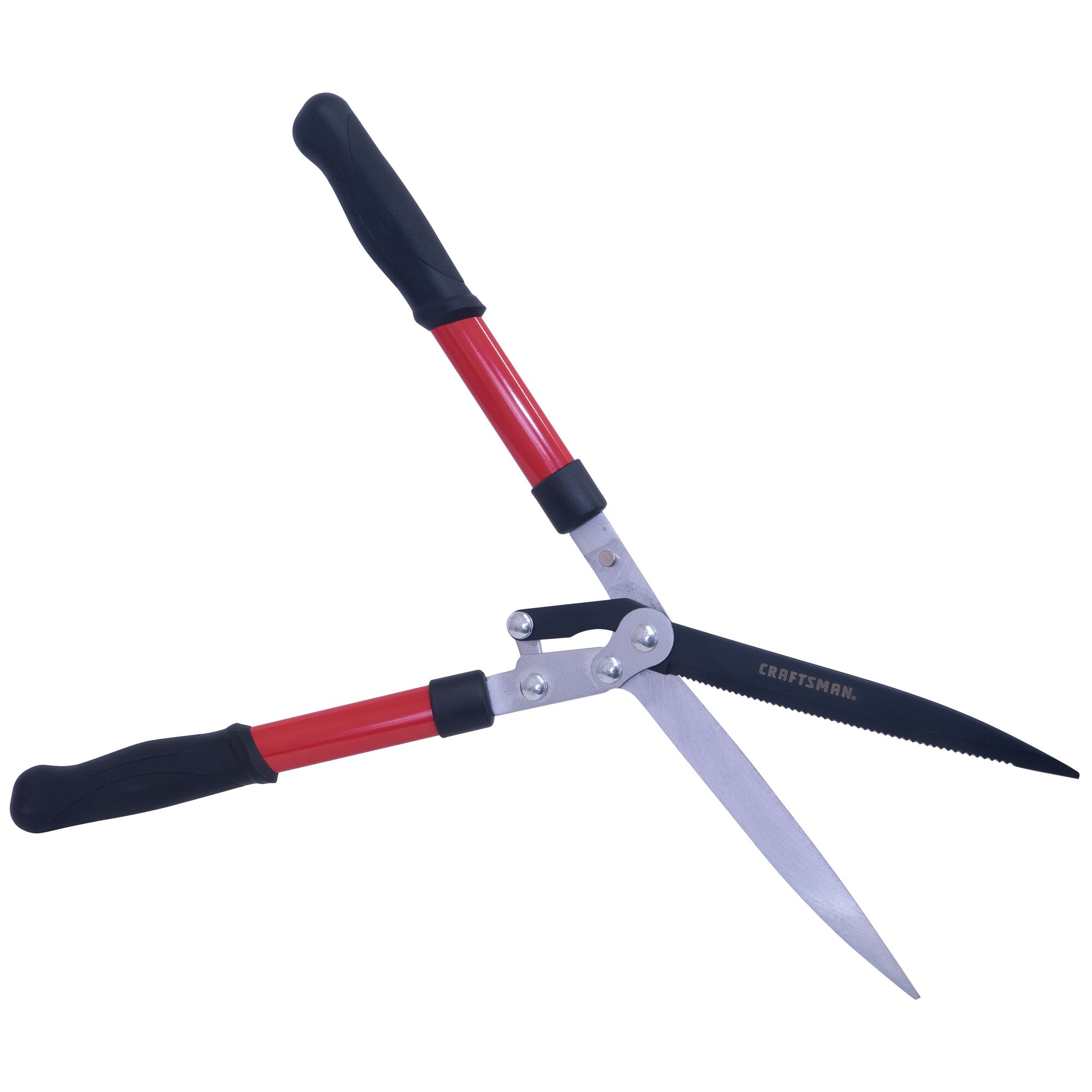 Hedge shears with compound action blade.