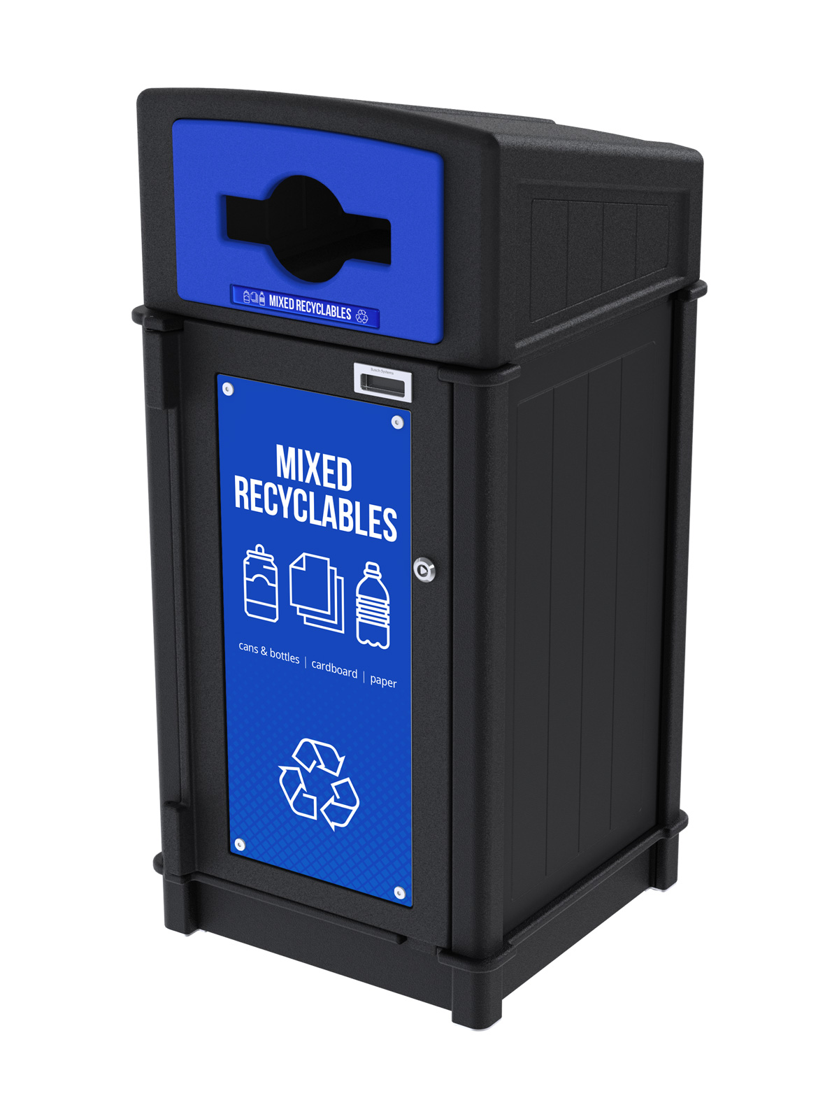 black recycled plastic recycling container with sloped canopy lid for collecting mixed recycling outdoors with stock door sign and label