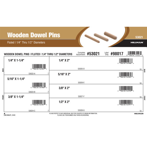 Fluted Wooden Dowel Pins Assortment (1/4