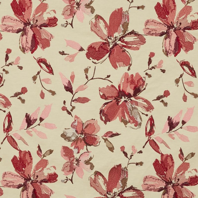 Beige fabric with large sketchy red and pink floral motifs â€” repeating all-over pattern across the surface â€” flat-lit close-up showing textured, embroidered-like detail.