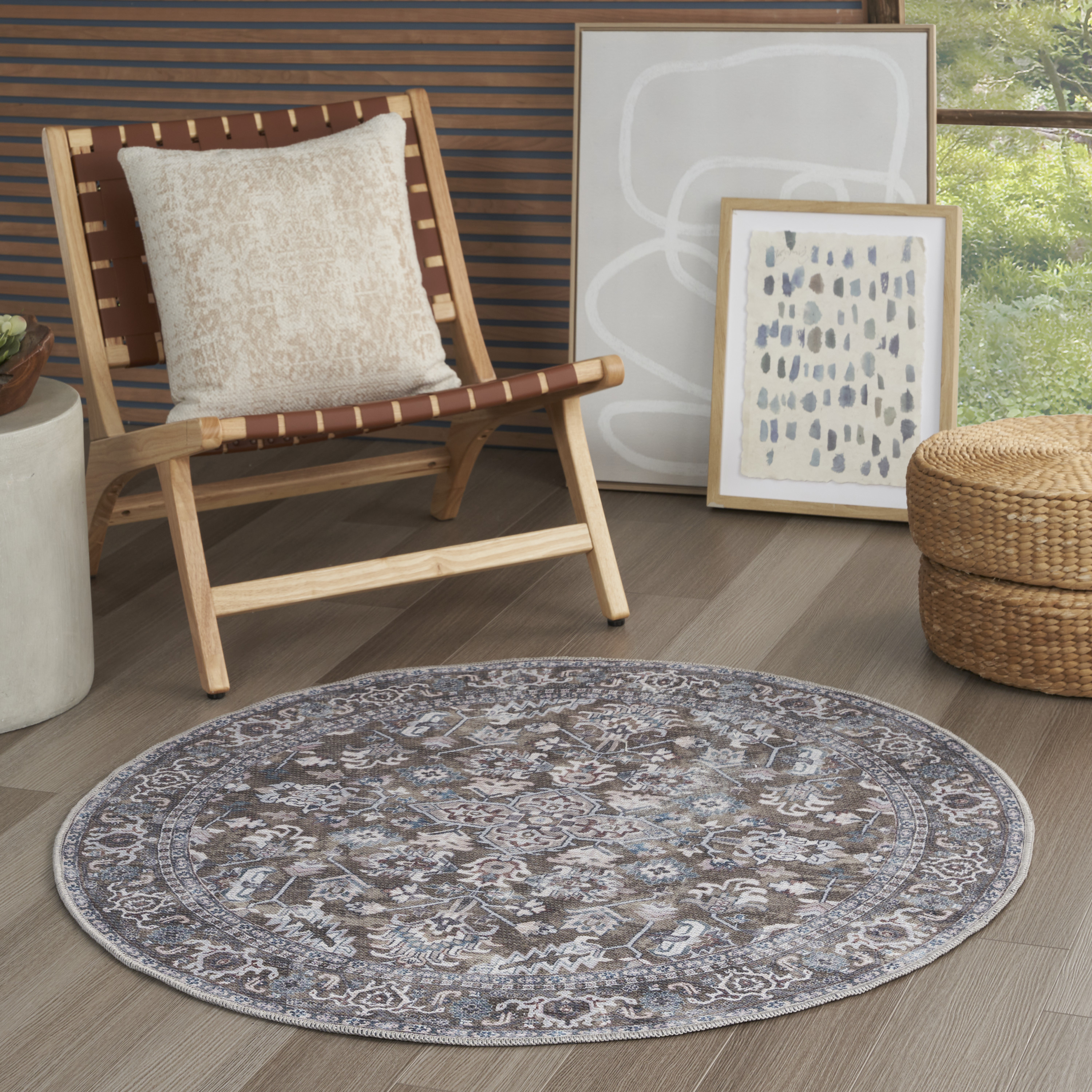 Nourison New Concept Washables 4' x Round Olive Ivory Vintage Indoor Rug