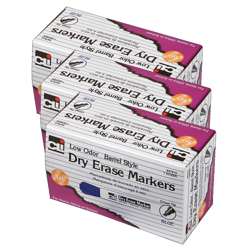 Dry+Erase+Markers%2C+Barrel+Style%2C+Chisel+Tip%2C+Blue%2C+12+Per+Pack%2C+3+Packs