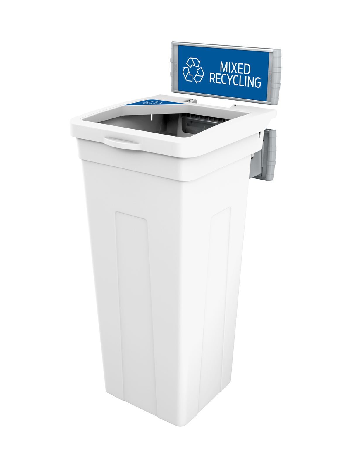 Busch Systems Rise Series White single body with lid sign frame and mixed recycling sign and label