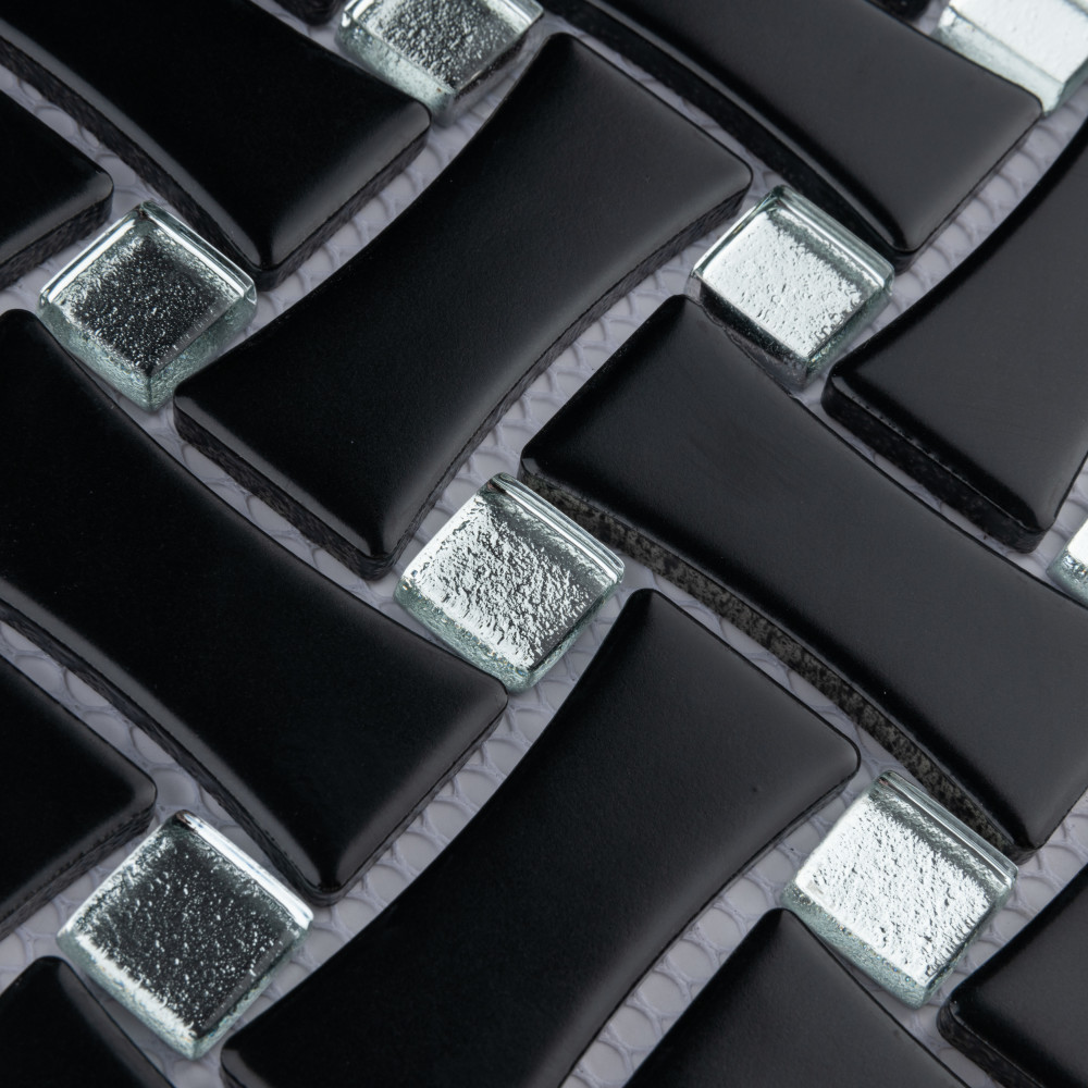 Metro Dog Bone Basketweave Matte Black w/Glass Silver Dot 10 in. x 10 in. Porcelain Mosaic Tile