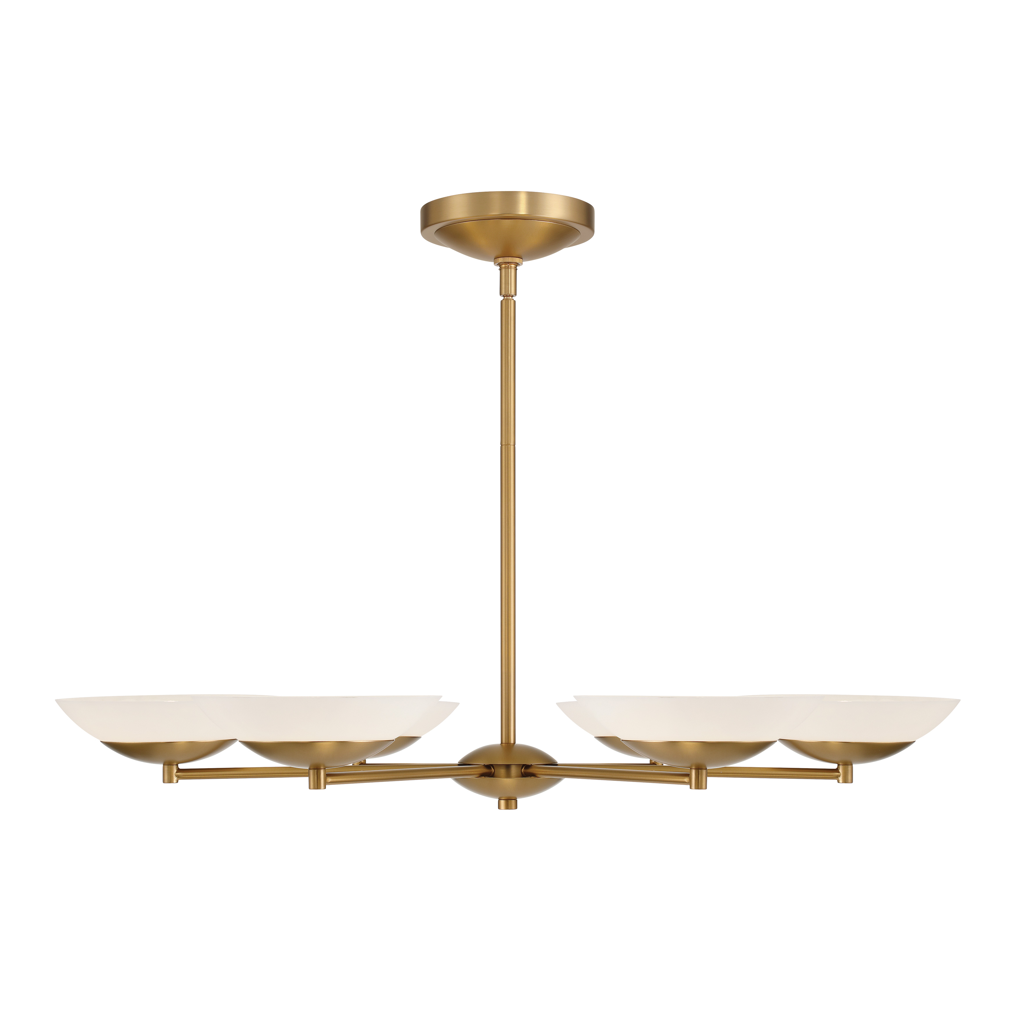 The Solara 36" LED Chandelier combines contemporary design with timeless materials. Its Legacy Brass finish and faux alabaster elements create a warm, inviting glow perfect for dining spaces and grand entryways. - alternate view