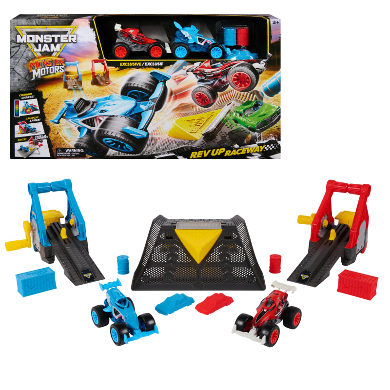 Monster Jam Monster Motors Rev Up Raceway Playset with 2 Exclusive Monster Trucks, Megalodon & Power Rush, Kids Toys for Ages 3+