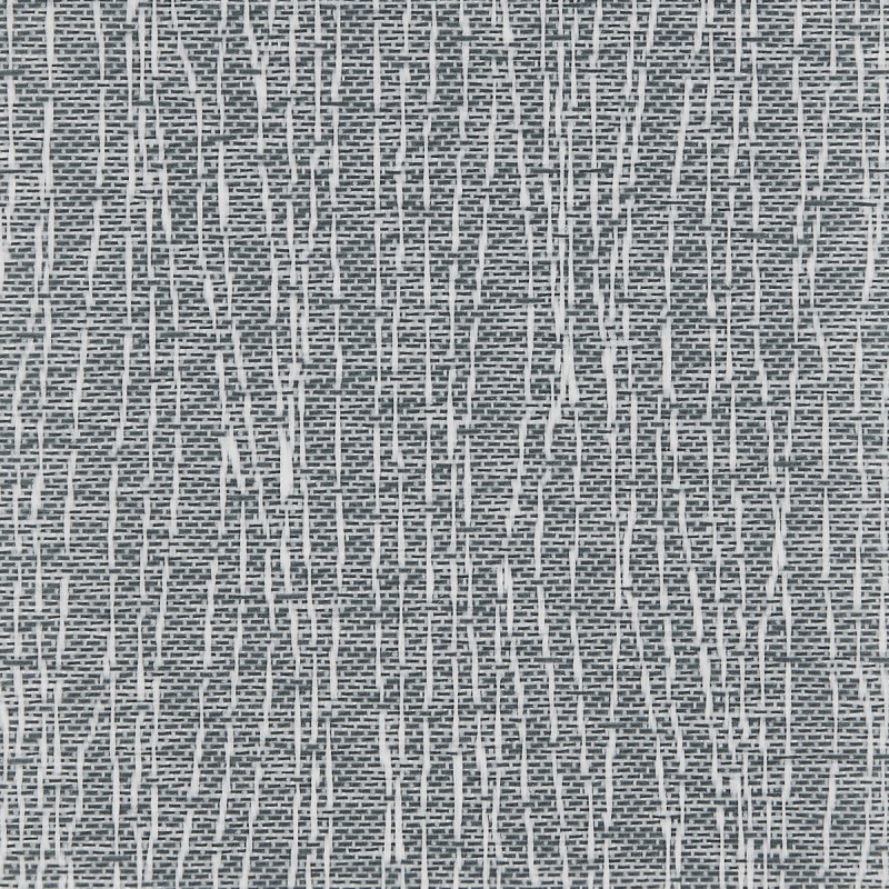 Grey woven fabric with dense dark grid and irregular raised white vertical threads; covering a flat surface and showing a textured pattern in a close-up with neutral lighting.