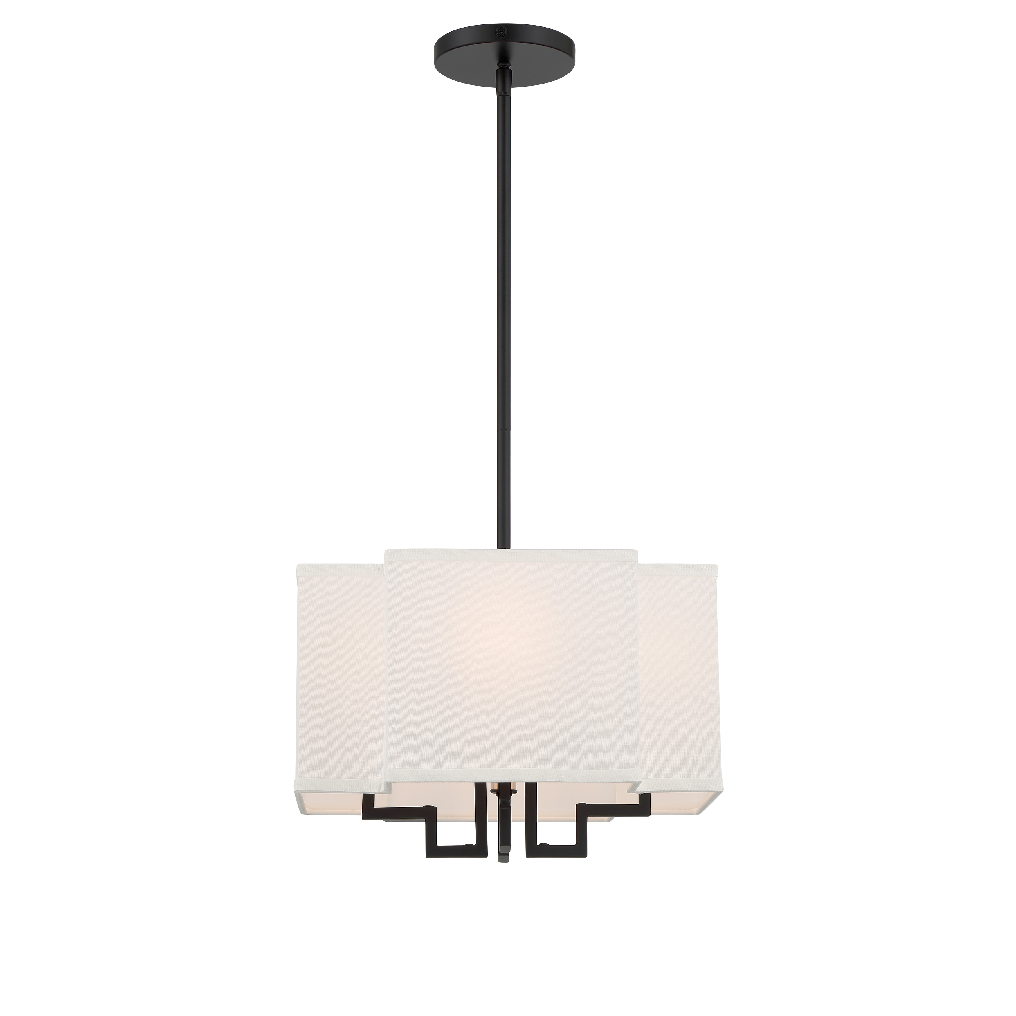 The Upham Estates combines sophisticated polished nickel and coal finishes with clean white fabric shades. Its convertible design offers flexibility for various ceiling heights and room configurations. - alternate view