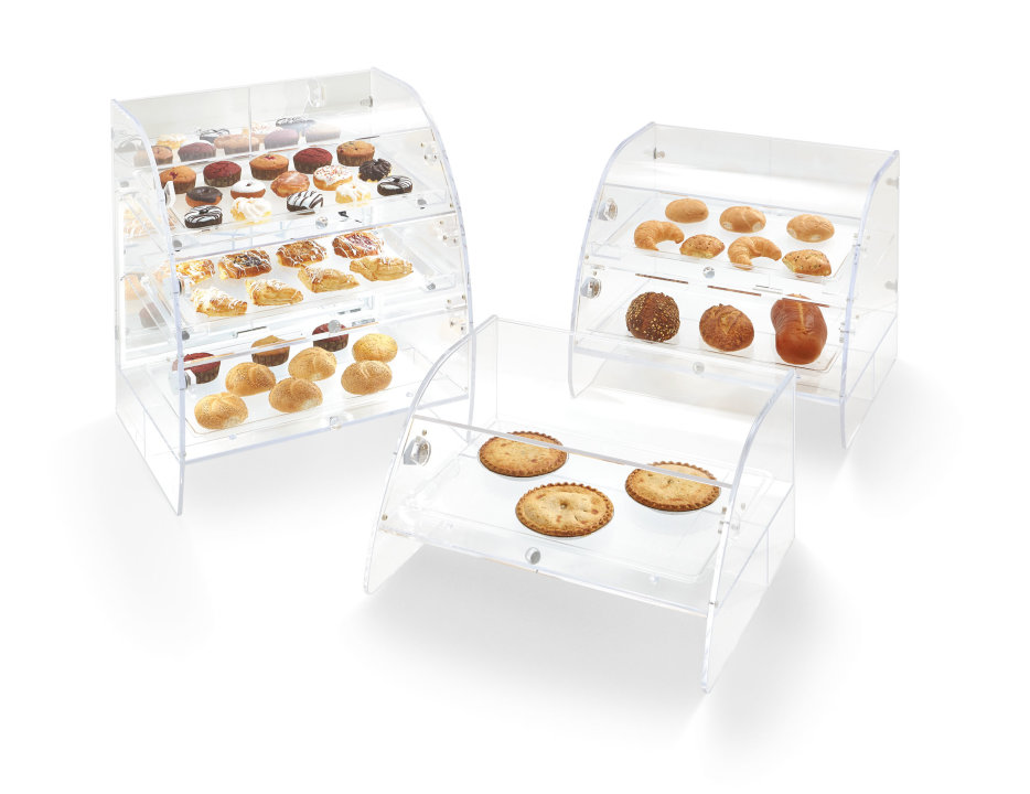 Extra-large three-tier baked goods display case with front access