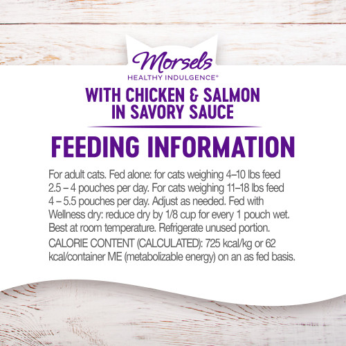 <p>For adult cats. Fed alone: for cats weighing 4–10 lbs feed 2.5 – 4 per day. For cats weighing 11–18 lbs feed 4 – 5.5 pouches per day. Adjust as needed. Fed with Wellness dry: reduce dry by 1/8 cup for every 1 pouch wet. Best at room temperature. Refrigerate unused portion.</p>
