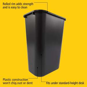 RUB2957BK, Rubbermaid Commercial,  Rectangular Wastebasket, 10.25 gal, Plastic, Black
