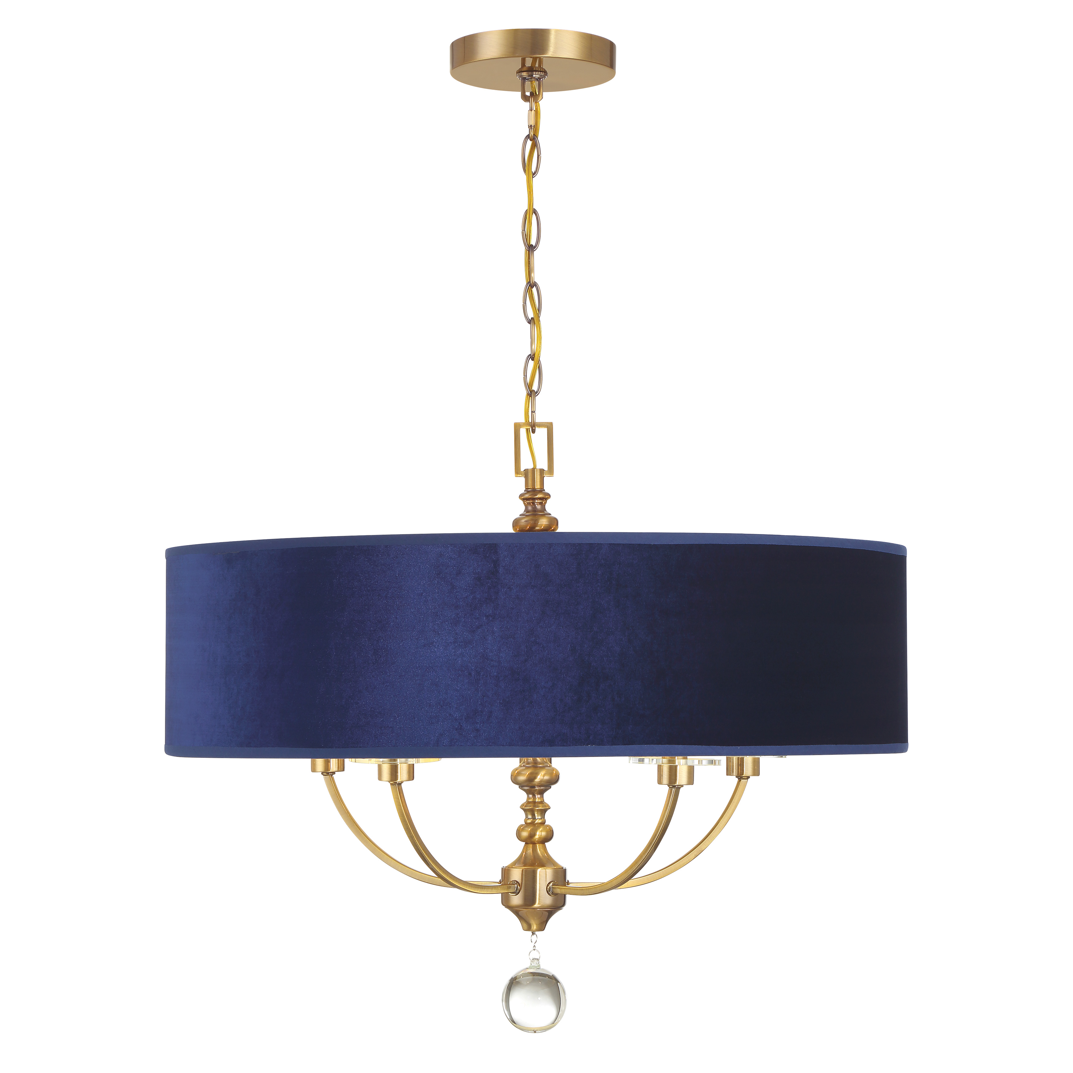 The Van Noord pendant combines old-world elegance with luxurious materials. Its oxidized aged brass finish, rich blue velvet shade, and decorative crystal ball accents create a sophisticated focal point perfect for traditional and transitional interiors. - alternate view