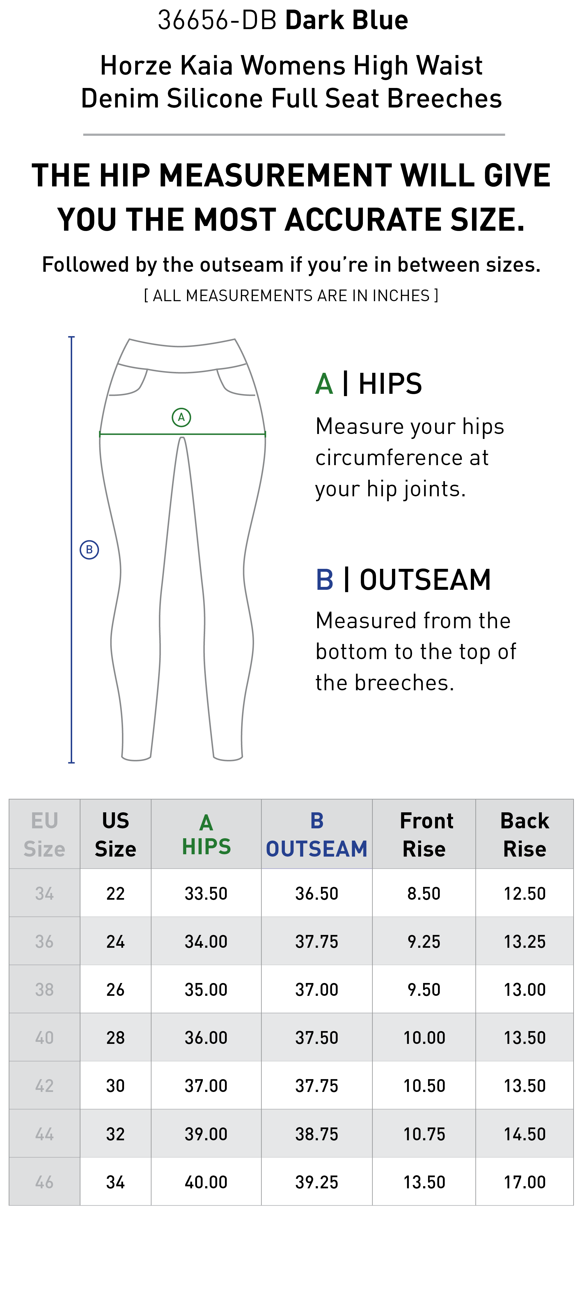 Size chart for Horze Kaia Womens High Waist Denim Silicone Full Seat Breeches - Dark Blue