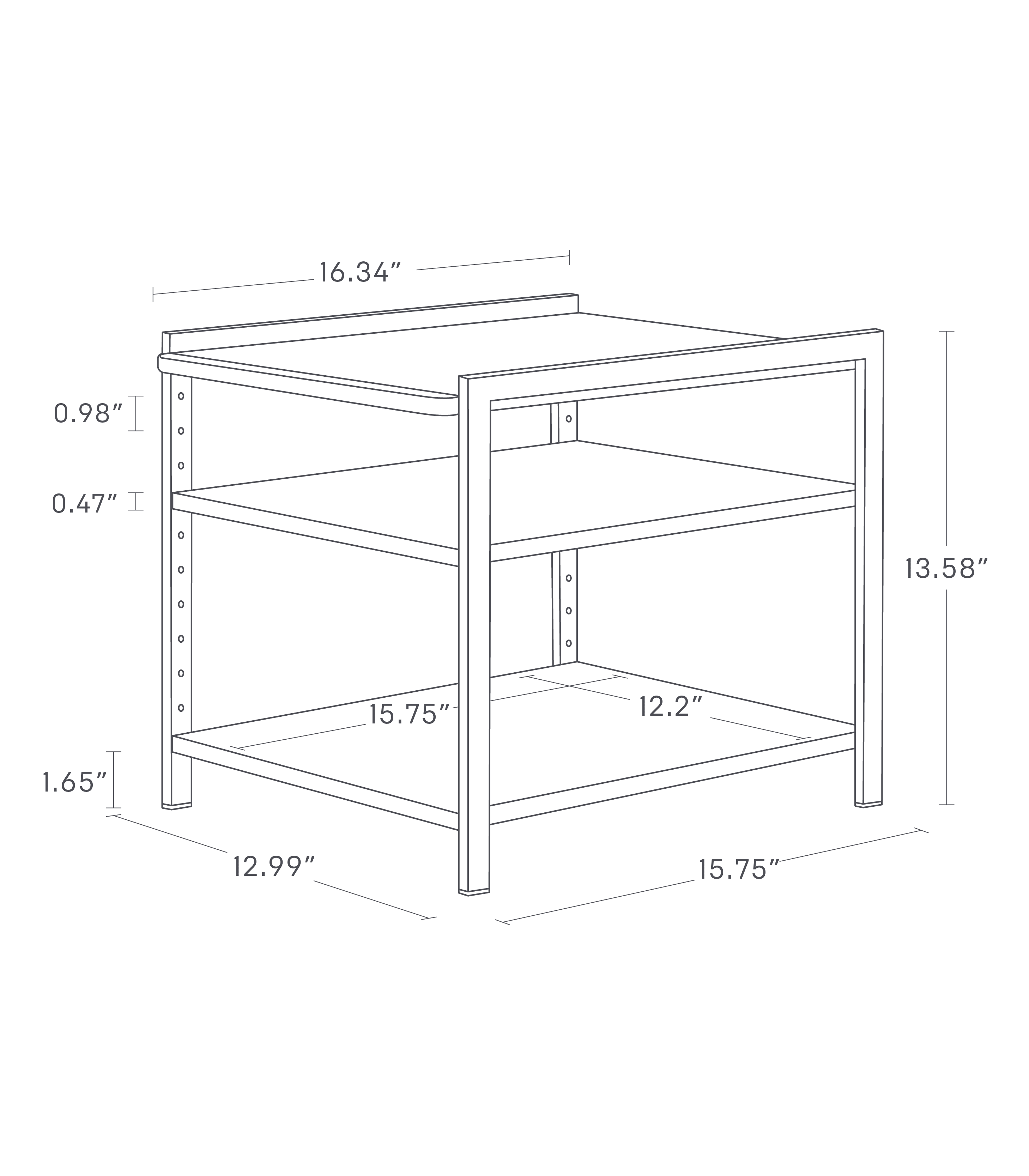 Dimension image for Three-Tier Cabinet Storage Rack showing unit width 16.34", depth 12.99", total height 13.58", bottom shelf depth 15.75", and foot height 0.47